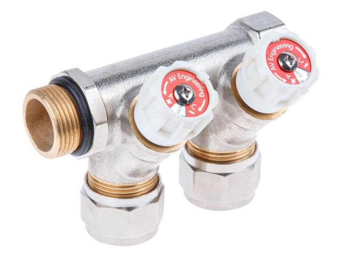 Коллектор с отсекающими вентилями, 3/4"х2 вых. (16х2.0) AV Engineering AVE1132002
