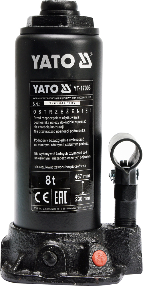 Домкрат гидравлический "Бутылочный"  8т. 230-457mm YATO YT-17003