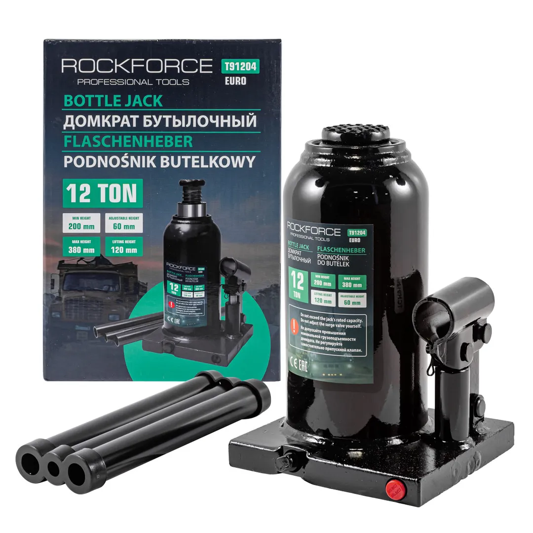 Домкрат бутылочный 12т с клапаном (h min 200мм, h max 380мм) Rock FORCE RF-T91204(Euro)