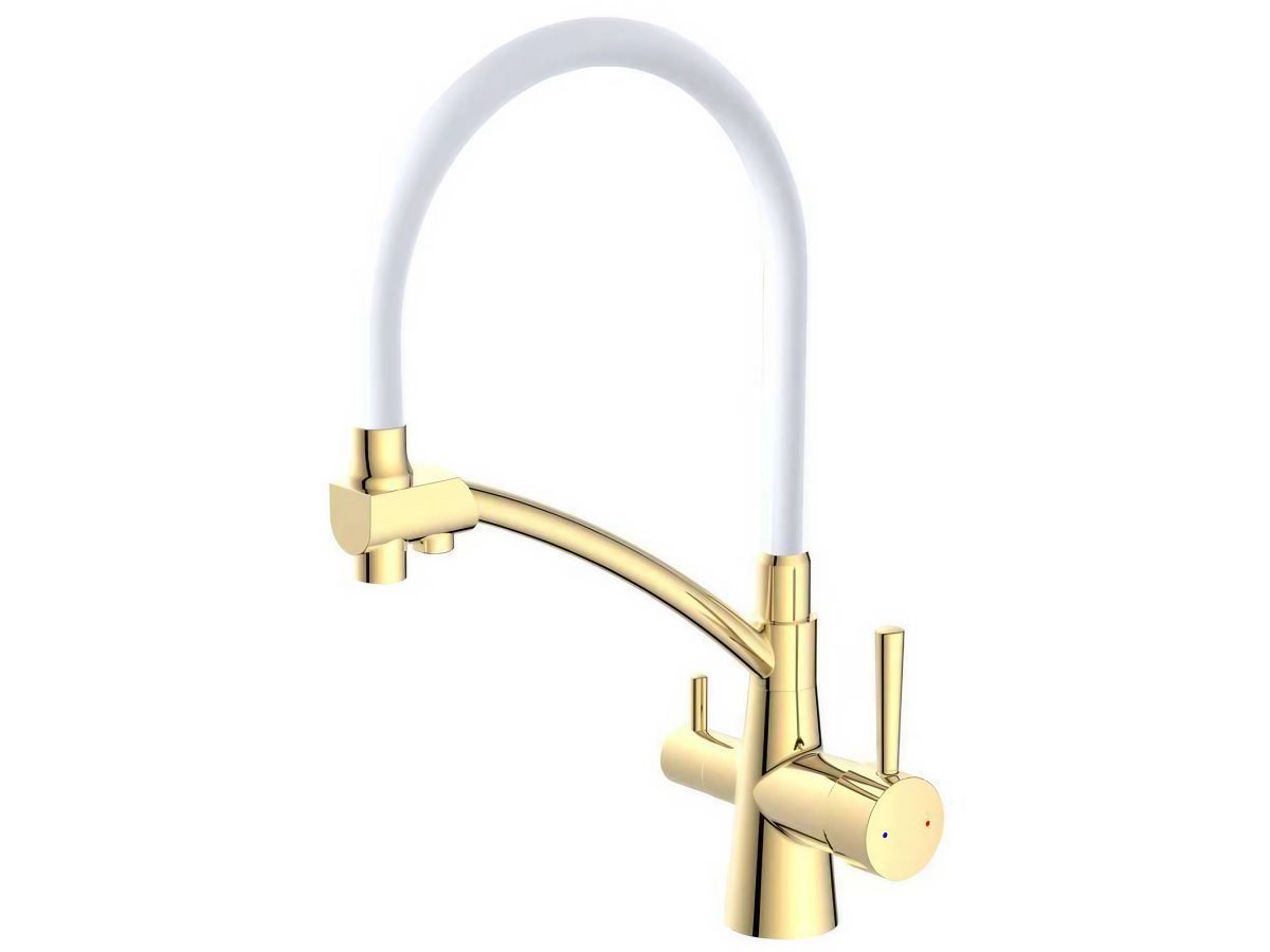 Смеситель для кухни (Lt) D35, серия LUX с краном для пит. воды золото (Гибкий излив, длина 223 мм, высота 264 мм, поворотный) AV Engineering AVLUX4-A49GLW