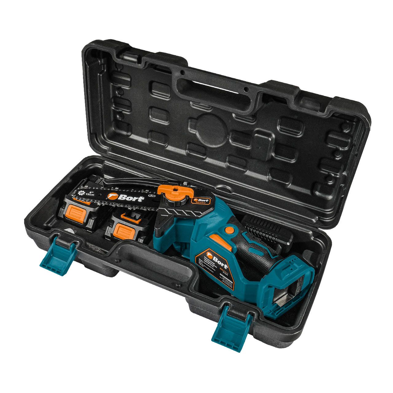 Пила цепная аккумуляторная , 18 В, 2АКБ 2,0 А/ч,  0.7 кВт, шаг цепи: 1/4 дюйма, длина шины: 15 см,Bort BKS-216-Li