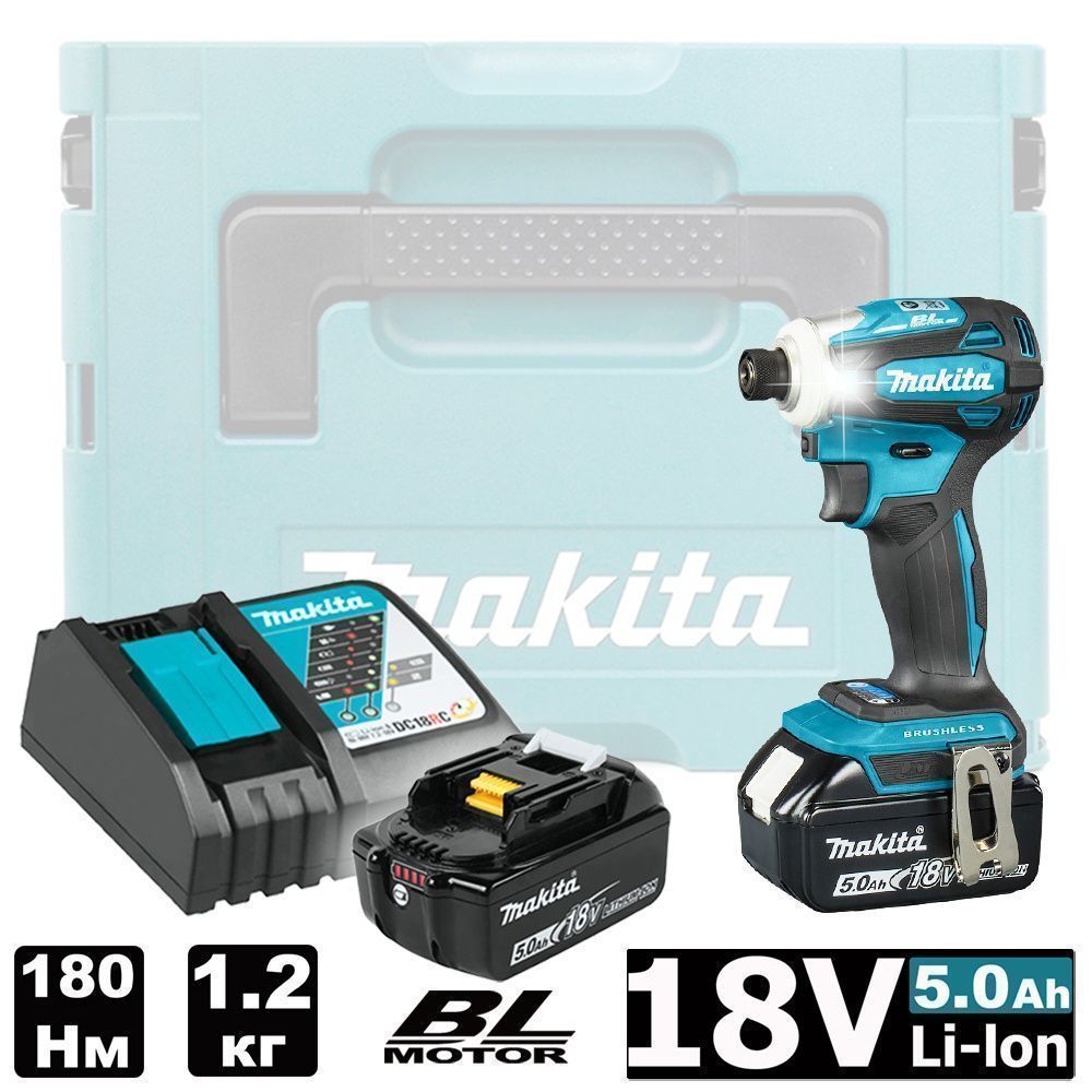 Аккумуляторный винтоверт MAKPAC, 1/4", 18В, 2АКБ 5.0 А/ч, 4 скор., 180Нм, MAKITA DTD172RTJ