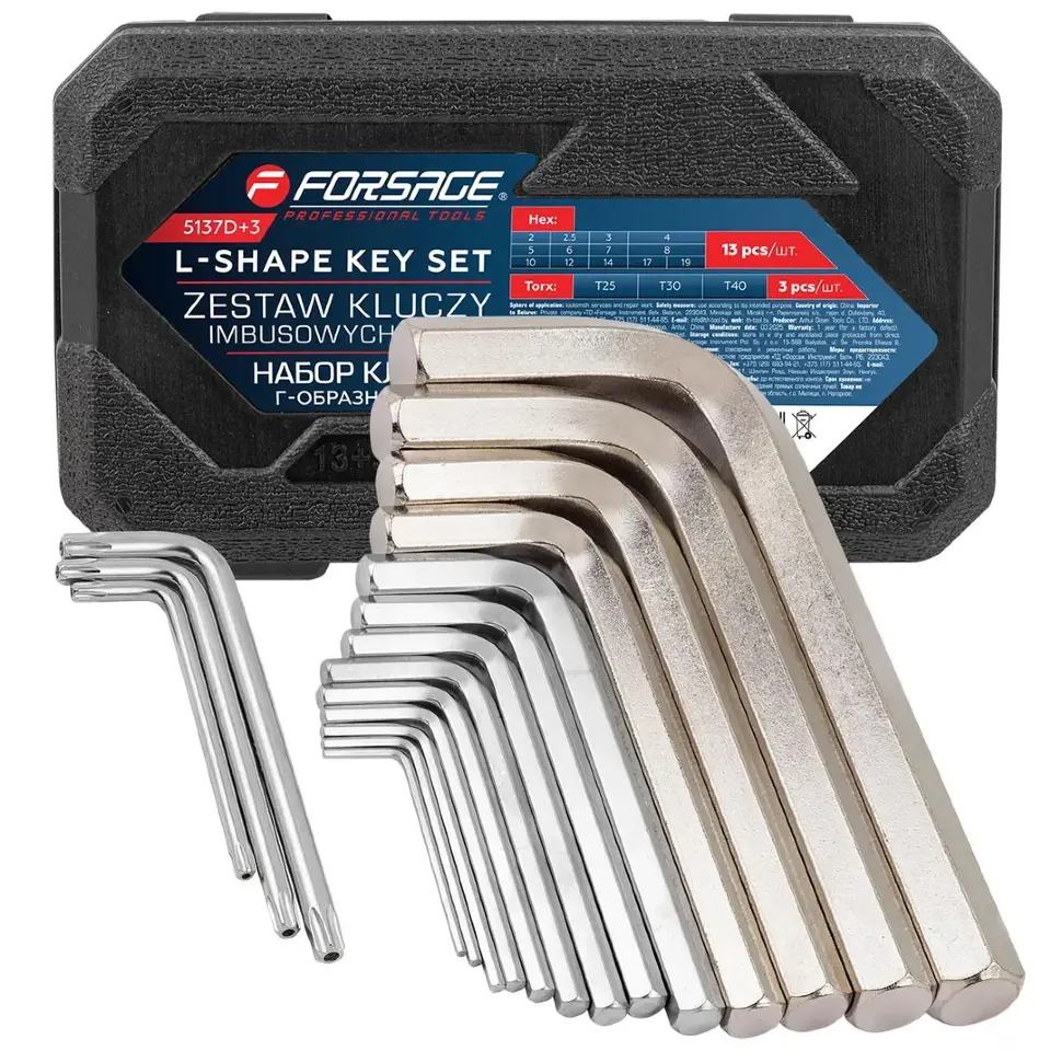 Ключи Г-образные 6-гранные, набор 13+3пр. (2, 2.5, 3-8, 10, 12, 14, 17, 19мм + T25, T30, T40) Forsage F-5137D+3