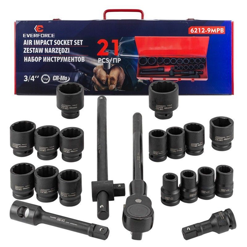 Набор инструментов ударных 21пр. 3/4" 12гр. (17-50мм) EVERFORCE EF-6212-9MPB