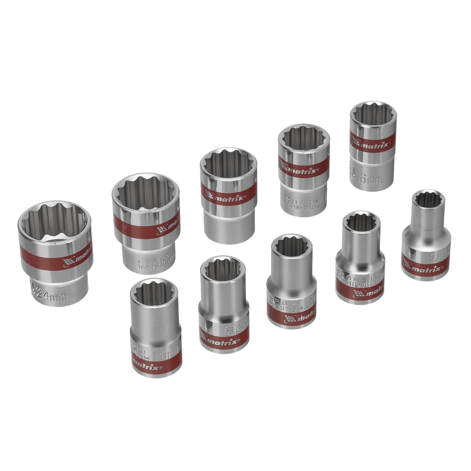 Набор торцевых головок, 1/2", 12гр., CrV, 10шт., 10-24мм, Matrix 13596