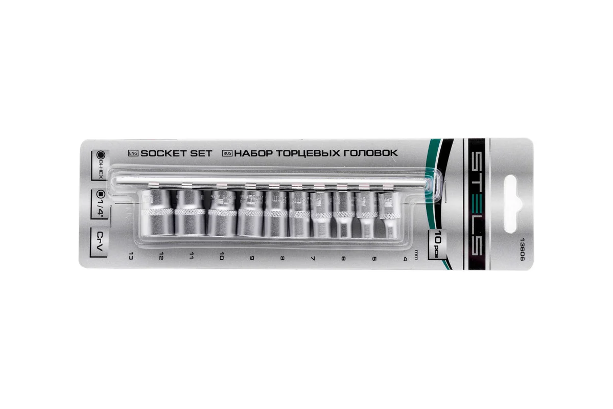 Набор торцевых головок, 1/4", 12гр., CrV, 10шт., 4-13мм, Stels Sparta 13606