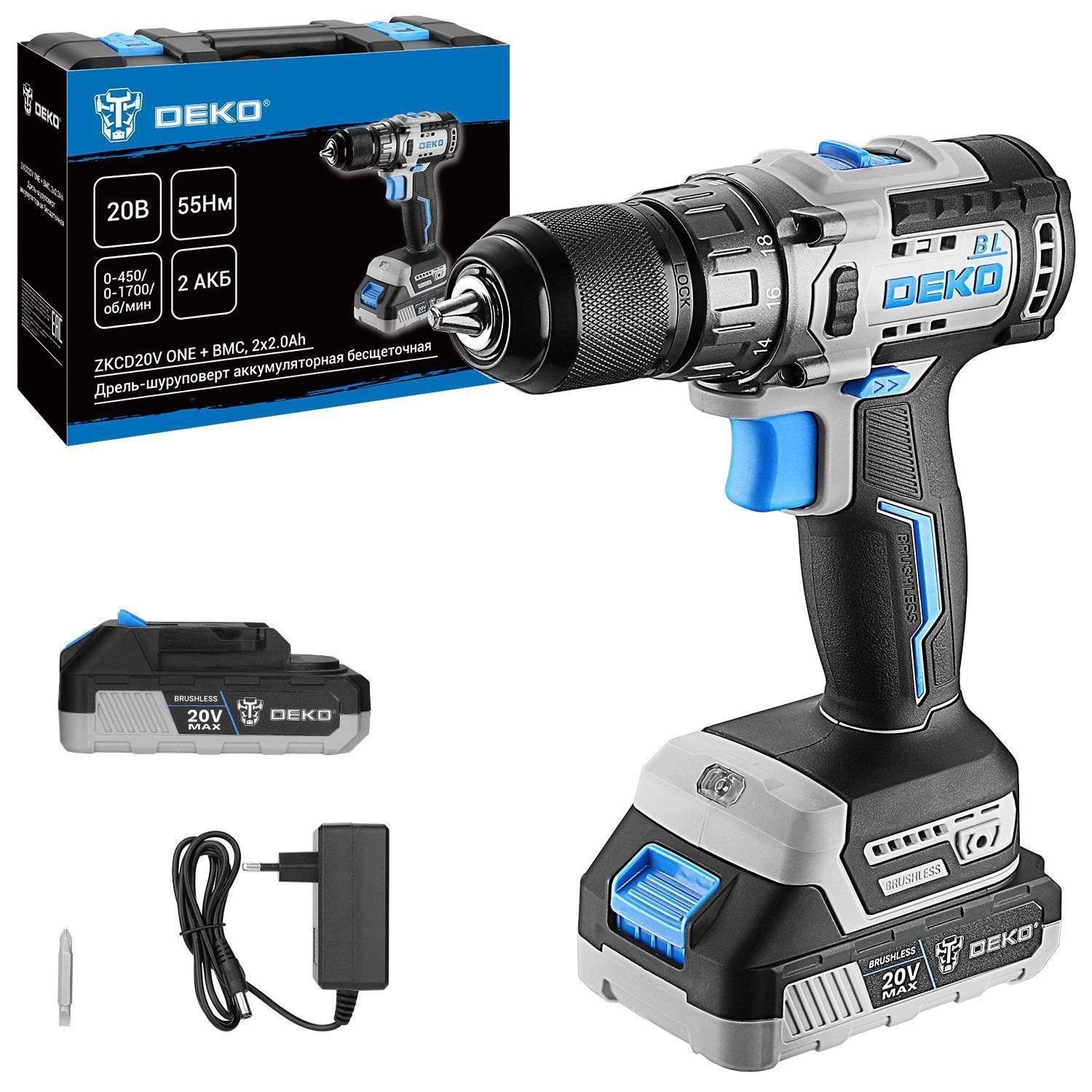 Дрель-шуруповерт аккумуляторная, 20В, 2АКБ 2,0 А/ч,  55 Нм,  0-450/0-1700 об/мин, сталь/дерево: 10/25 мм, DEKO ZKCD20V ONE +