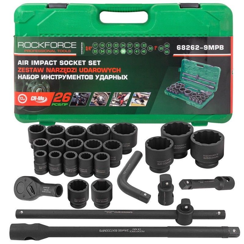 Набор инструментов ударных 26пр., 3/4" 1", 12гр. (17-65мм) Rock FORCE RF-68262-9MPB