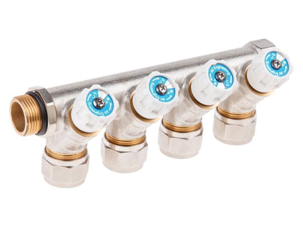 Коллектор с отсекающими вентилями, 3/4"х4 вых. (16х2.0) AV Engineering AVE1132004