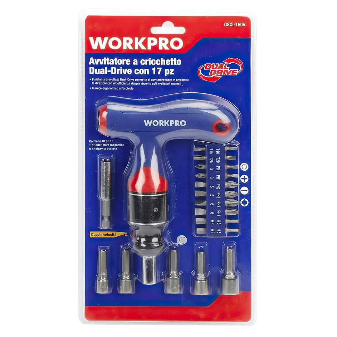 Отвертка с набором бит и головок, 17пр.  WORKPRO GSCI-1605