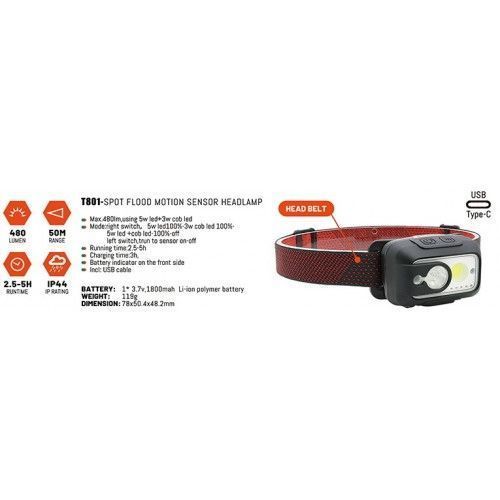 Фонарь налобный светодиодный 480lm, 5+3W, 50M, 3.7V, 1800mAh, IP44, Type-C H-D T801