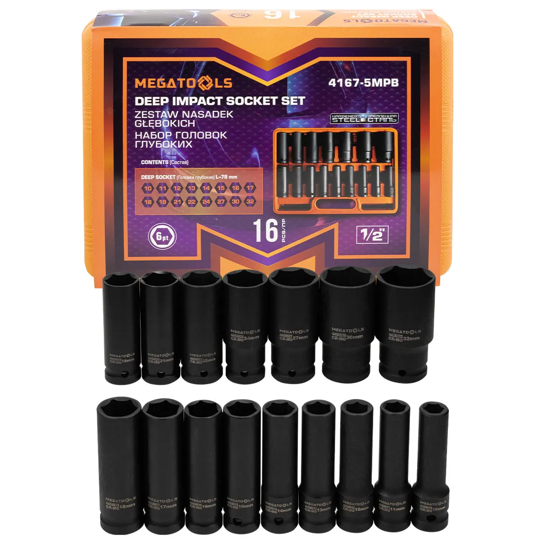 Набор головок ударных глубоких 16пр. 1/2" 6pt MEGATOOLS MT-4167-5MPB