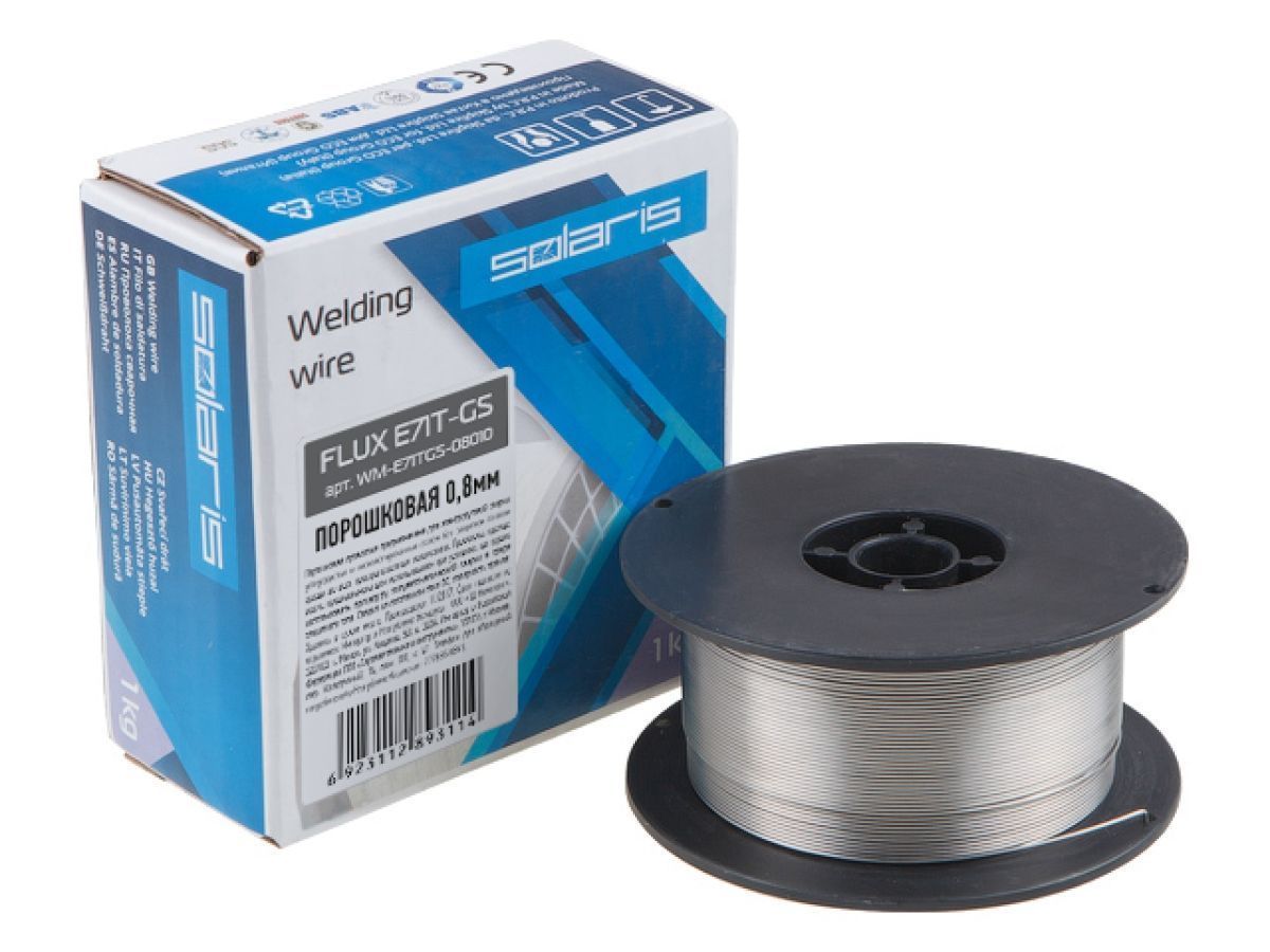 Проволока сварочная FLUX E71T-GS D0.8mm для сварки без газа в катушке 1кг SOLARIS WM-E71TGS-08010