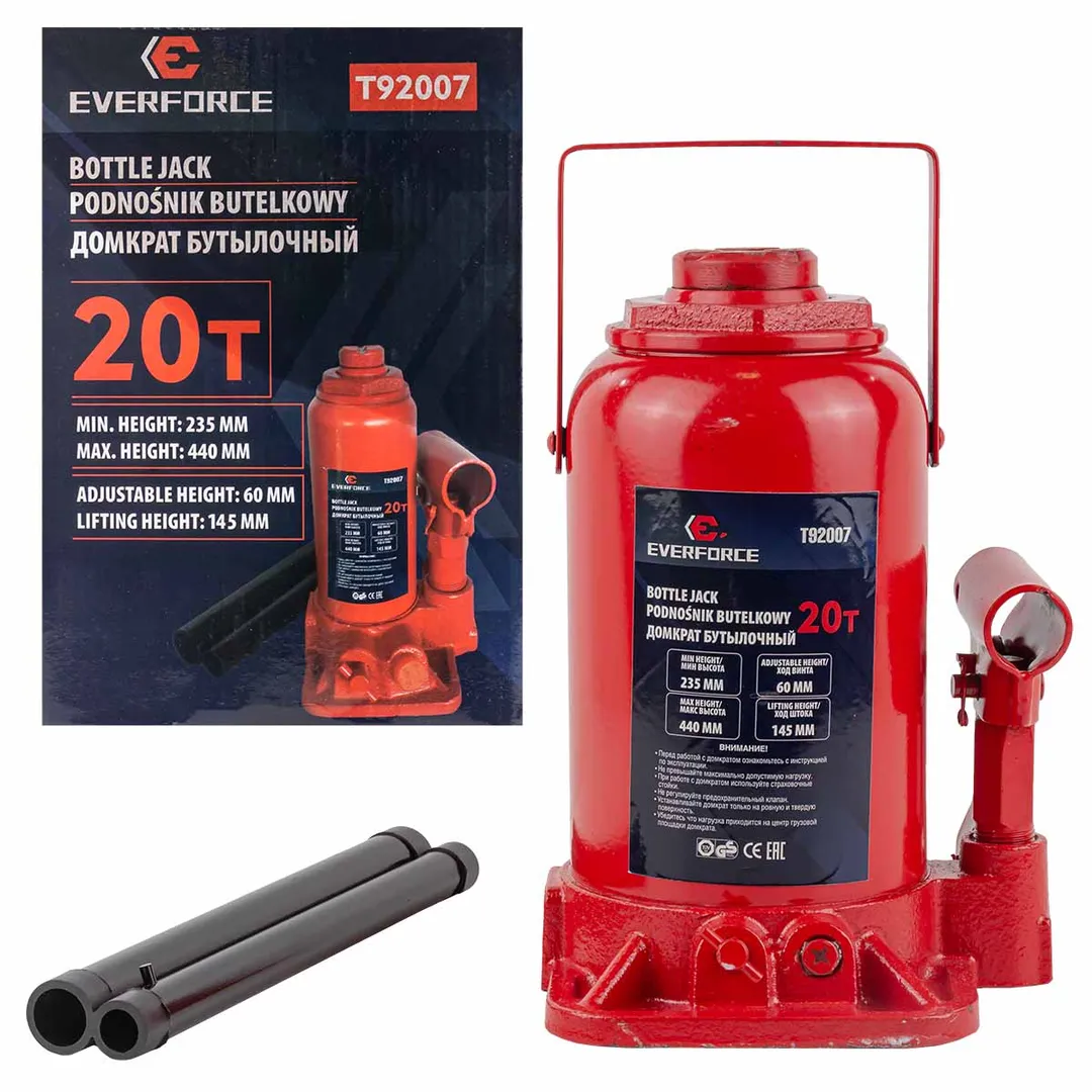 Домкрат бутылочный 20т (h min 235мм, h max 440мм) EVERFORCE EF-T92007