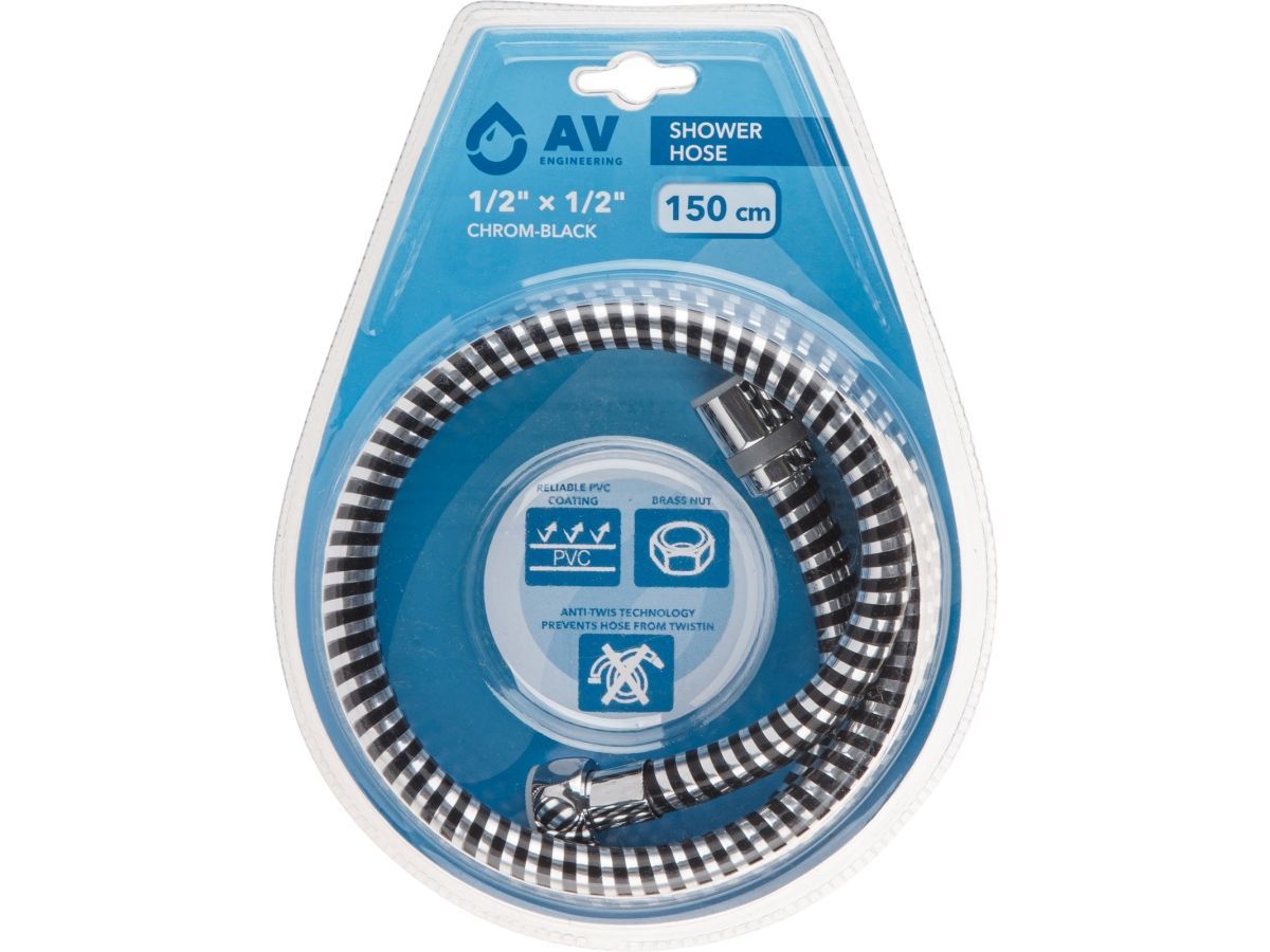 Шланг душевой, PVC, 1/2" г-г 150 см, хром-черн. AV Engineering AVSSS-107
