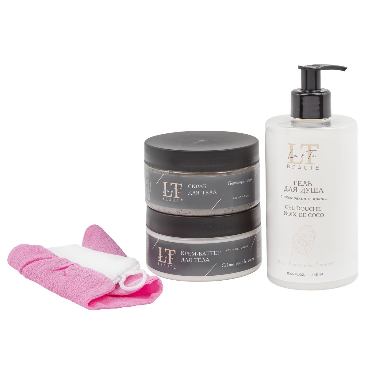 Набор косметики (гель для душа.скраб для тела.рукавичка.крем баттер)  ...La and Te beaute LT-28