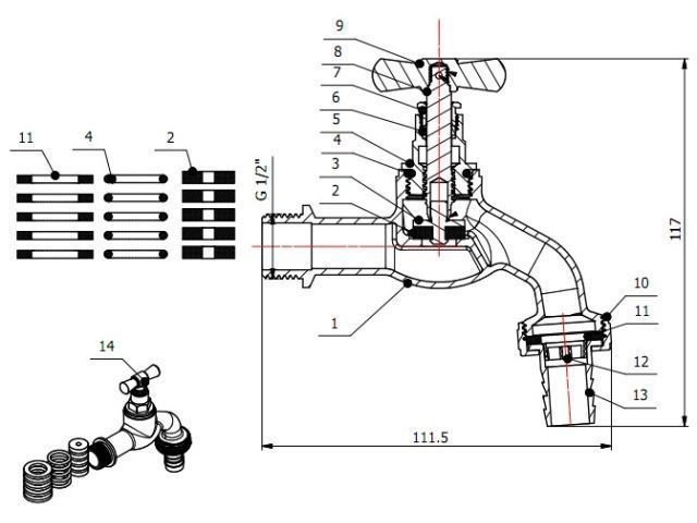 Кран водоразборный 1/2" нар. настенный со штуцером, (вход 1/2" х выход 3/4")  ...AV Engineering AVE168012