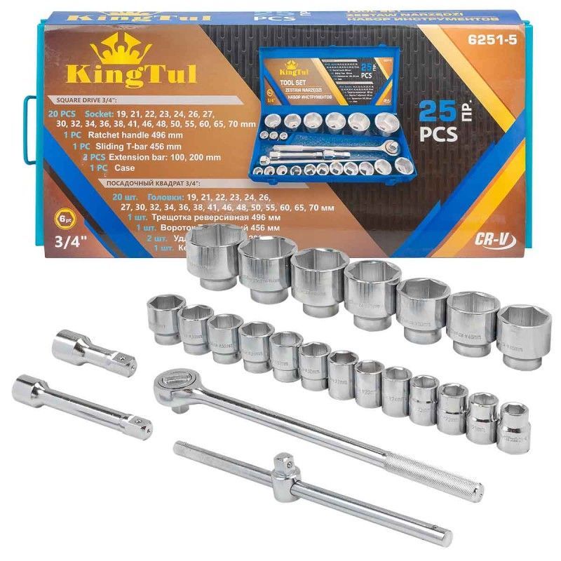 Набор инструментов 25пр. 3/4" (6гр.) (19,21,22,23,24,26,27,30,32,34,36,38,41,46,48,50,55,60,65,...KINGTUL KT-6251-5