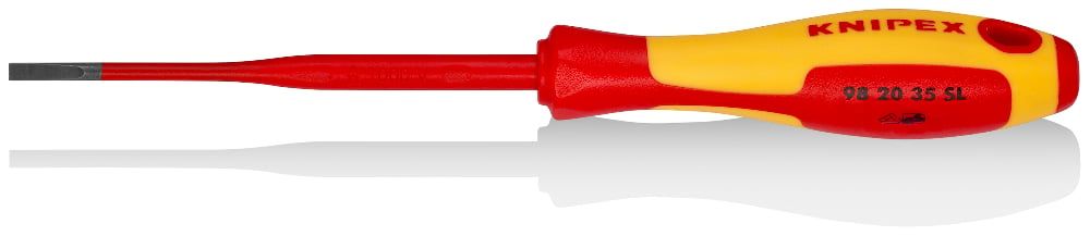 Отвертка SL3.5x0.6 шлицевая, тонкая VDE 1000V, длина стержня 100 мм, L-202 мм, 2-комп. рукоятка (KNI KNIPEX 982035SL