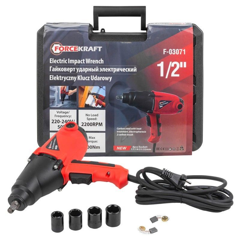 Гайковерт ударный электрический 1/2", 220-240В, 1010Вт, 500Нм, с комплектом головок (17, 19, 21...FORCEKRAFT FK-F-03071