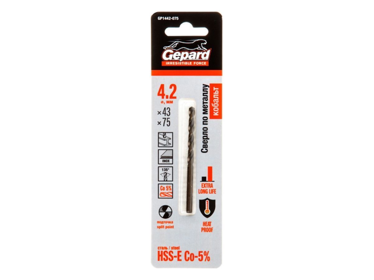Сверло по металлу ц/x 4.2x43x75 mm HSS-Co GEPARD GP1442-075