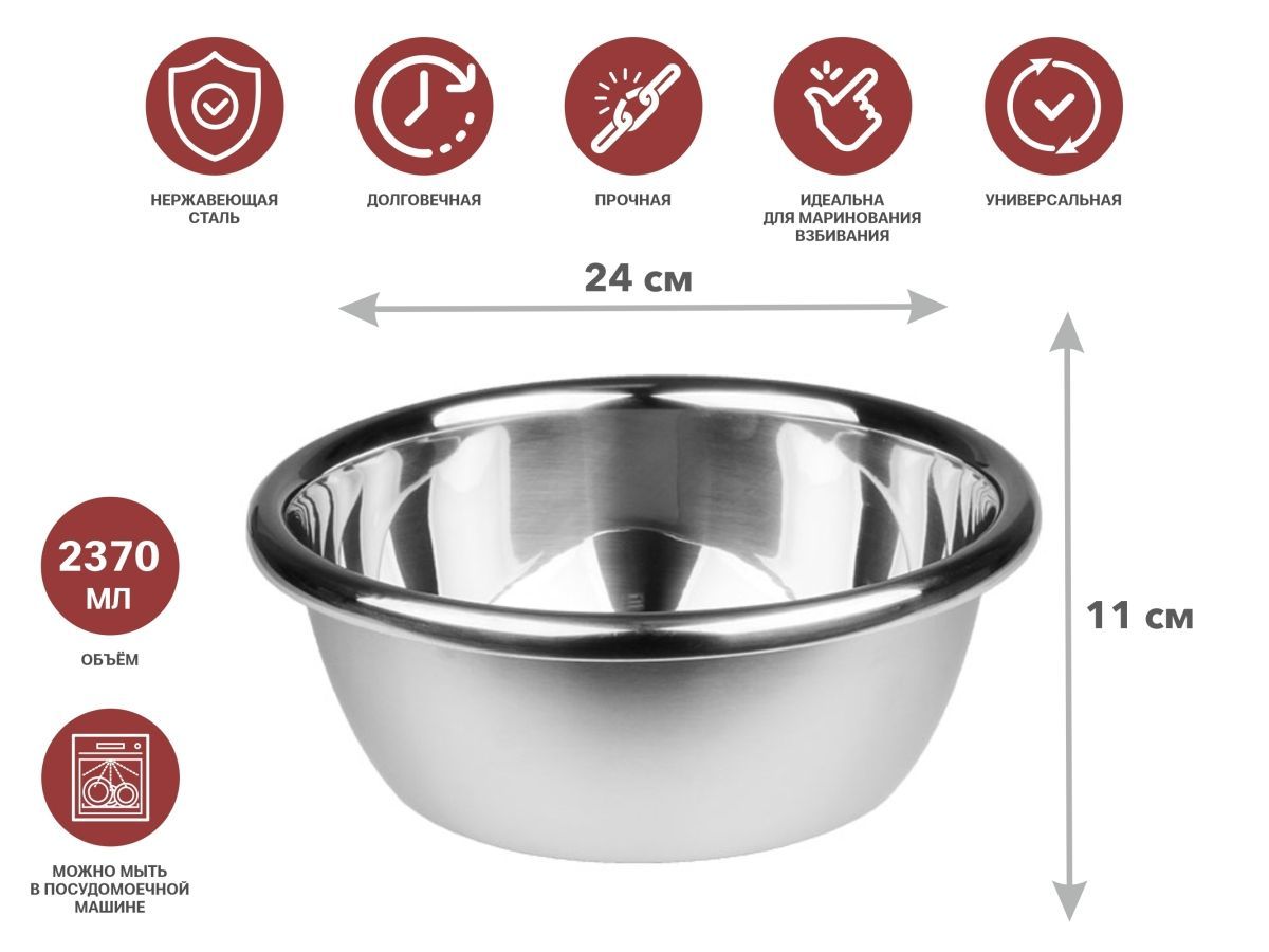 Миска для взбивания из нерж.стали, диам.24см, CHEF (24x11 см) PERFECTO LINEA 24-000240