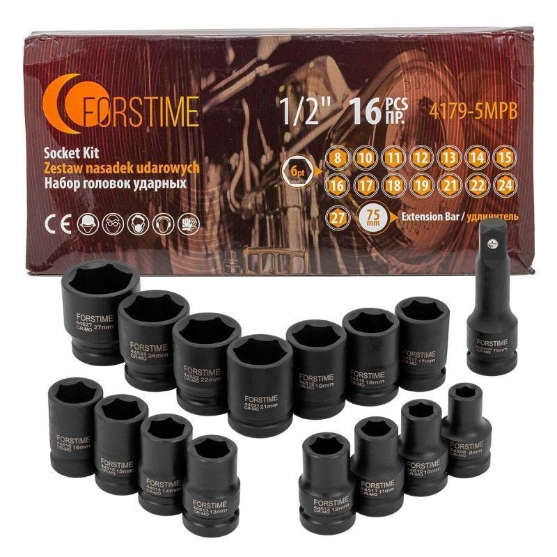 Головки ударные, набор 16пр., 1/2" 6гр. (8-27мм) FORSTIME FT-4179-5MPB