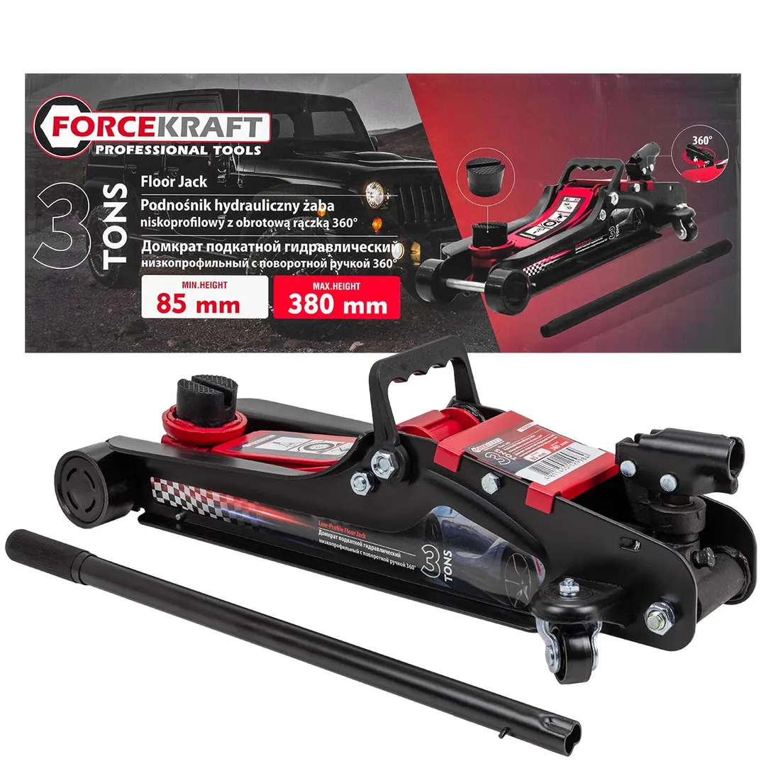 Домкрат подкатной гидравлический 3т (h min 85мм, h max 380мм) низкопрофильный с поворотной ручкой FORCEKRAFT FK-T825010