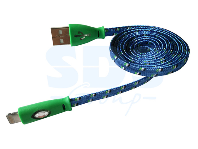USB кабель светящиеся разъемы для iPhone 5/6/7 моделей шнур шелк плоский1М синий  ...REXANT 18-4259