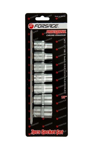 Набор головок Е-профиль 7пр. 1/2" (E10-E22), на планке Forsage F-4073