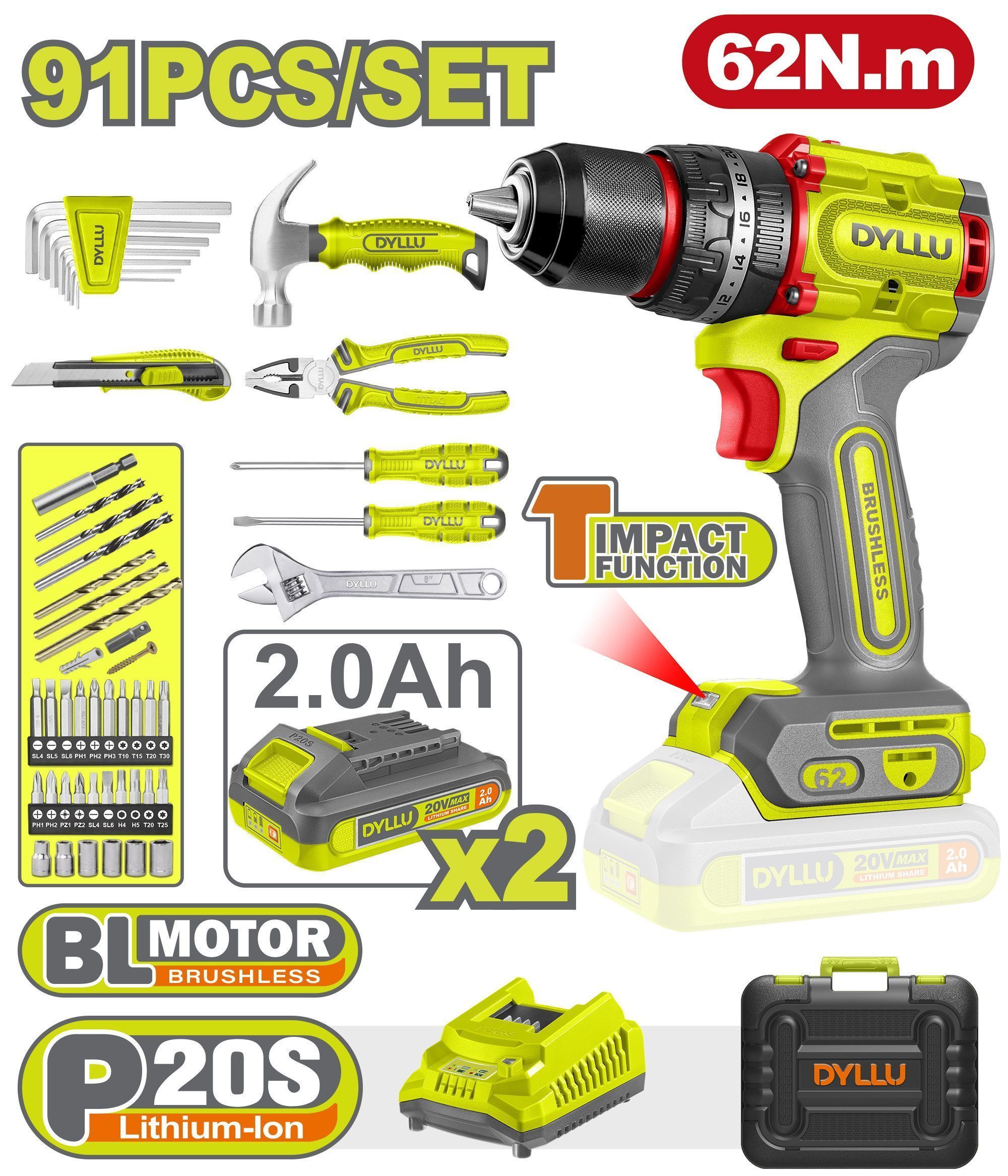 Дрель-шуруповерт ударная с набором инструмента DYLLU DTDT4B91 (91 предмет)