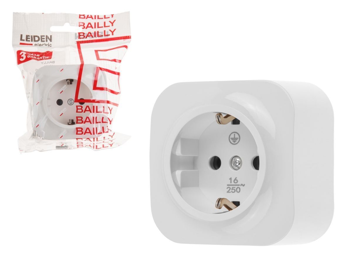 Розетка 1-ая (открытая, с/з) белая, Bailly LEIDEN ELECTRIC 8760908060040