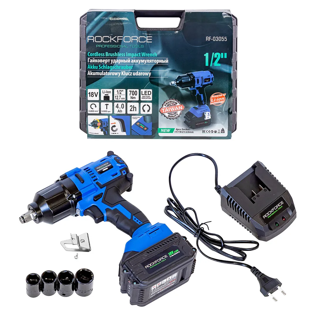 Гайковерт ударный аккумуляторный 1/2' (18V 4.0AH LI-ION, 700Нм) RockFORCE RF-03055