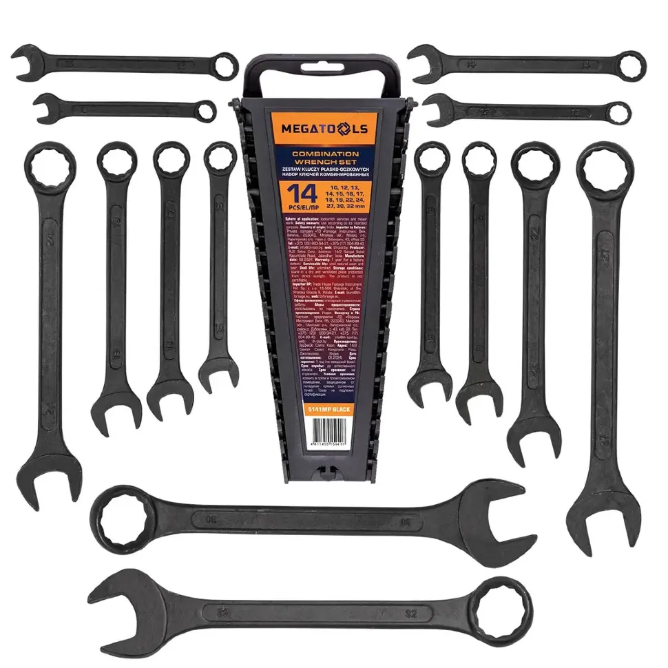 Ключи комбинированные, набор 14пр. (10, 12-19, 22, 24, 27, 30, 32мм) MEGATOOLS MT-5141MP BLACK
