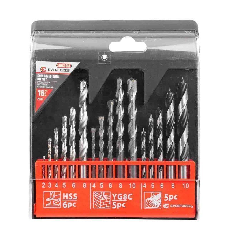 Сверла, набор комб. 16пр. (по металлу: 2-6, 8мм; по бетону: 4-6, 8, 10мм; по дереву: 4-6, 8, 10мм)  ...EVERFORCE EF-DBS16M