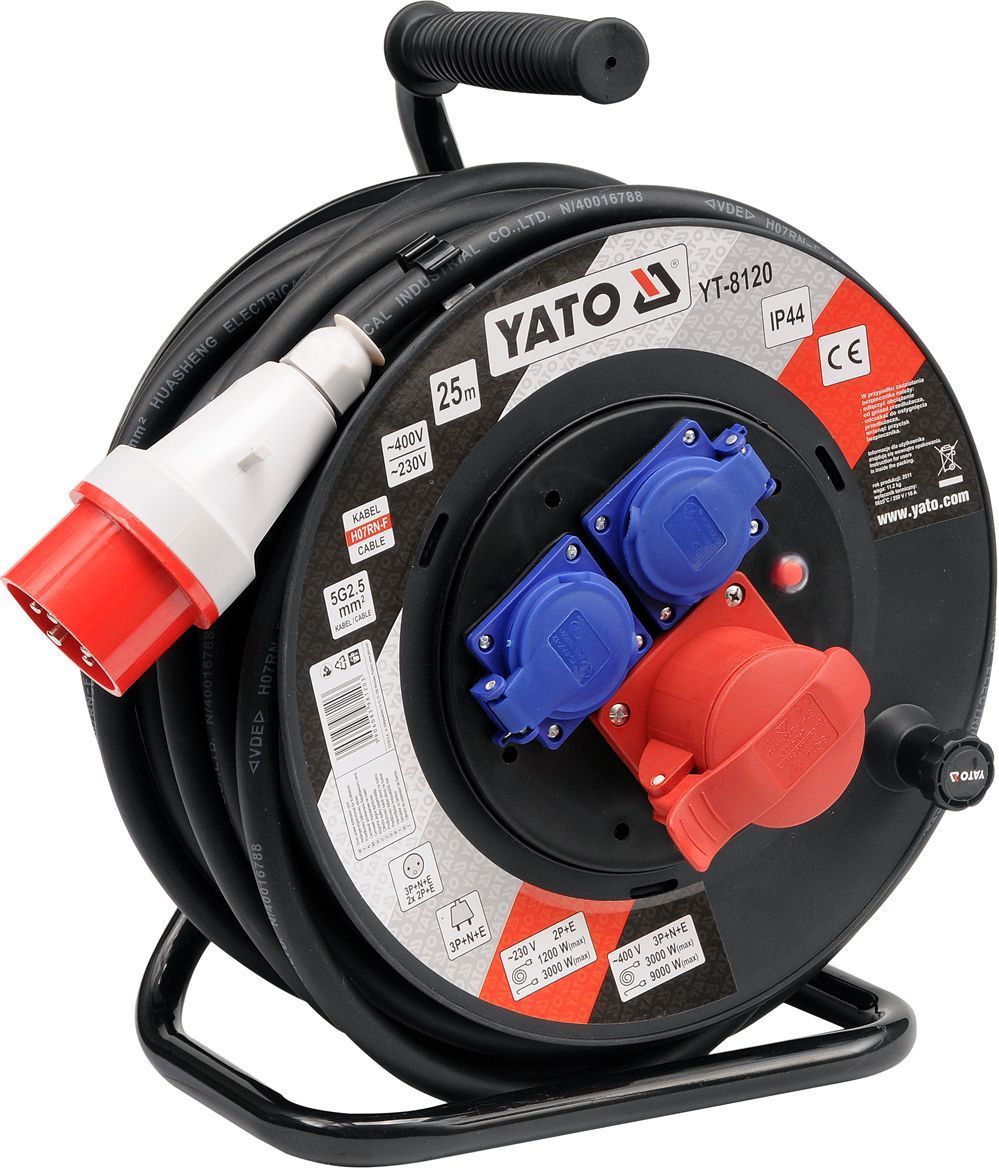 Удлинитель электрический H07RN-F 5G2.5мм. на катушке 25м 3 розетки YATO YT-8120