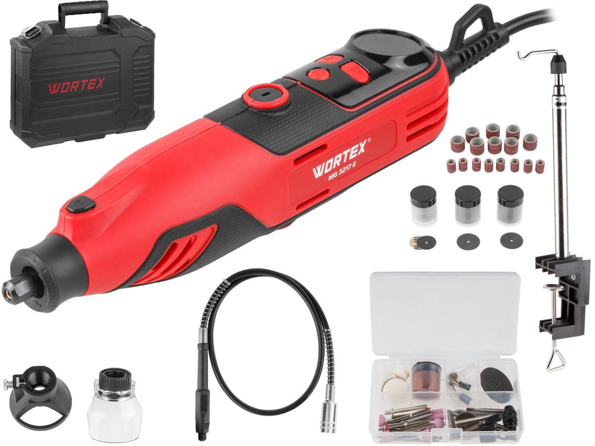 Гравер электрический MG 3217 E в чем.+аксессуары 130 Вт, 10000-35000 об/мин, цанга 3,2 + БЗП (в чем.+ 175 аксесс., гибкий вал, штатив, БЗП 1 - 3.2 мм) WORTEX 1335932