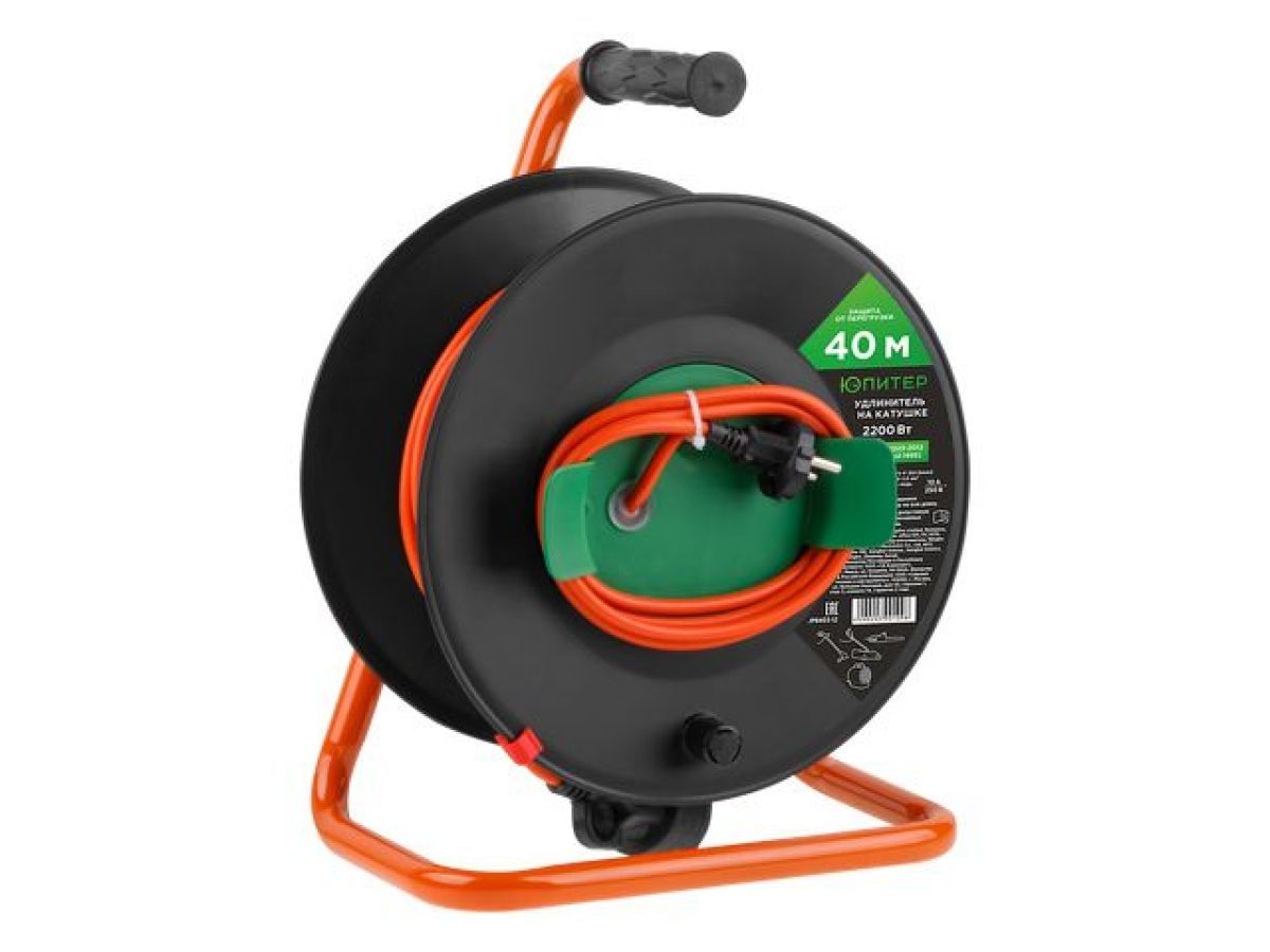 Удлинитель на катушке 40м (1 роз., 2.2кВт, б/з, ПВС 2x1.0) ЮПИТЕР JP8403-12