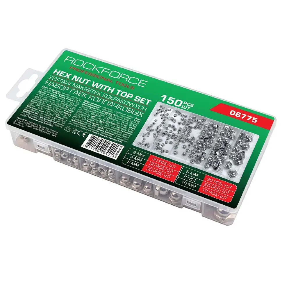 Гайки нержавеющие колпачковые 3-10мм, набор 150пр. RockFORCE RF-06775
