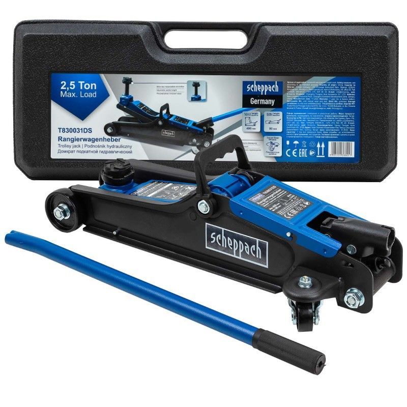 Домкрат подкатной гидравлический двухпоршневой 2.5т (h min 90мм, h max 400мм) в кейсе Scheppach SCH-T830031DS