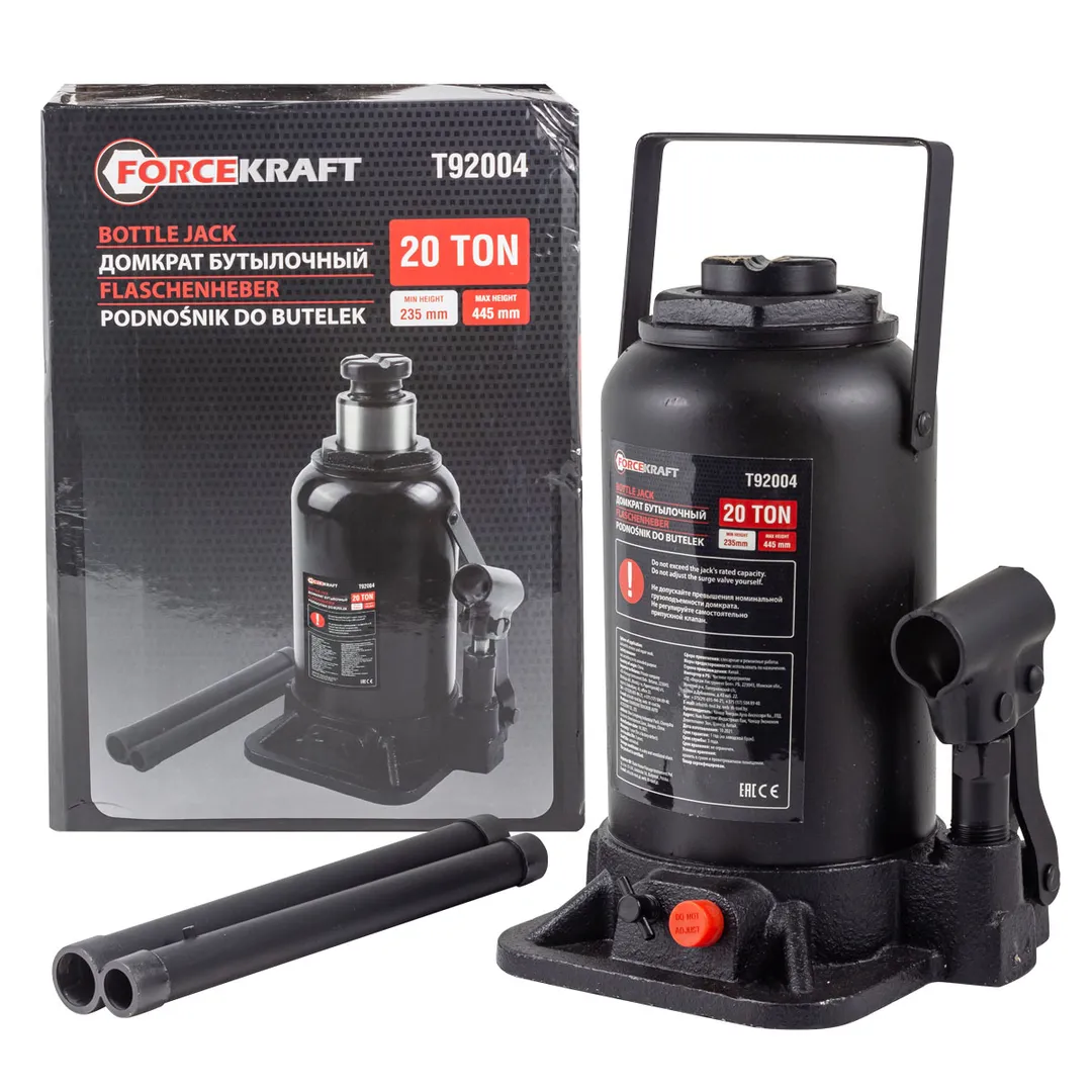 Домкрат бутылочный 20т с клапаном (h min 235мм, h max 445мм) FORCEKRAFT FK-T92004(DS)