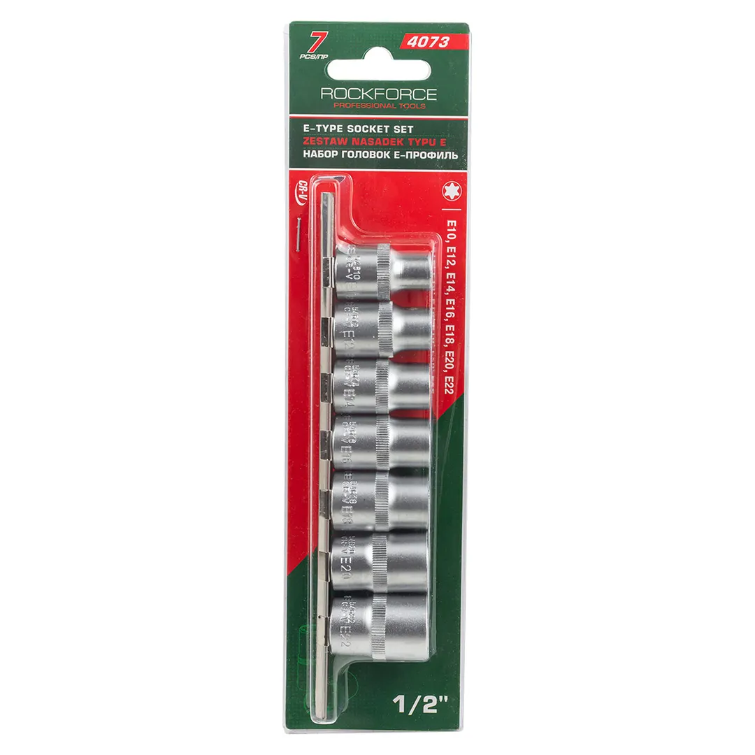 Головки набор 1/2", E10-E22, 7пр. Е-профиль на планке Rock FORCE RF-4073