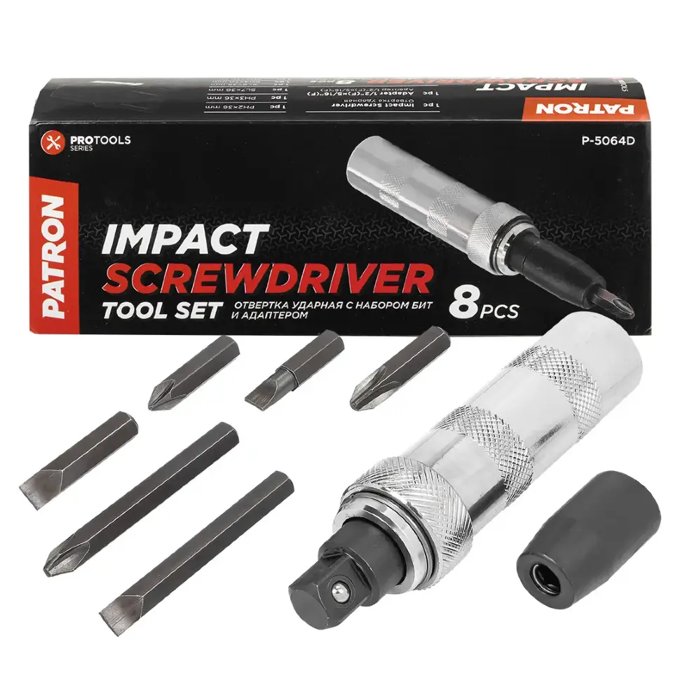 Отвертка ударная с набором бит и адаптером 8пр. PATRON Patron P-5064D