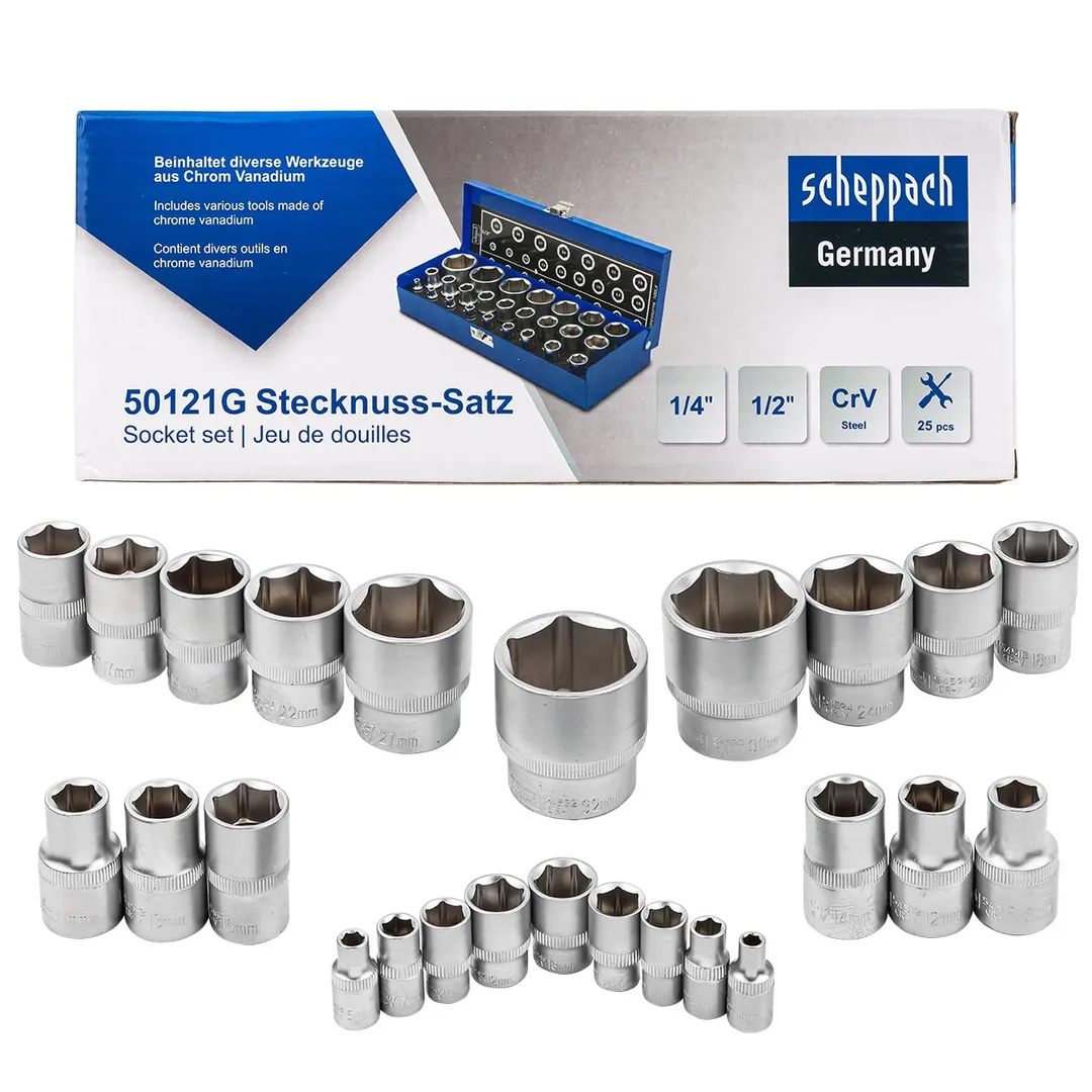 Головки 1/4", 1/2", 4-32мм, набор 25пр. (6гр.) Scheppach Sch-50121G