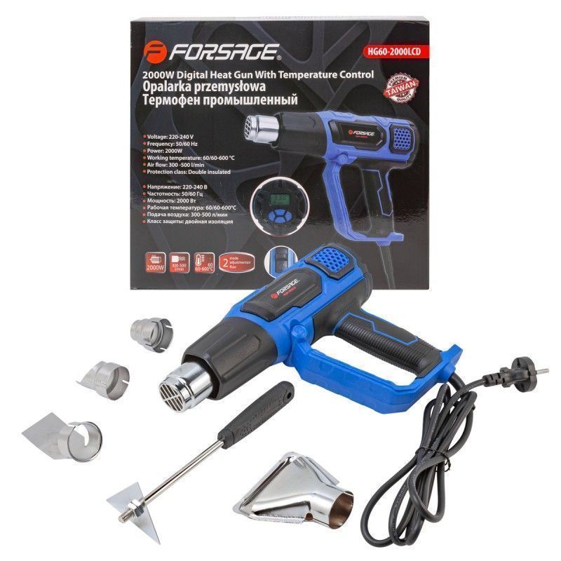 Термофен промышленный (220-240В, 2000Вт, 60-600°C)  Forsage F-HG60-2000LCD
