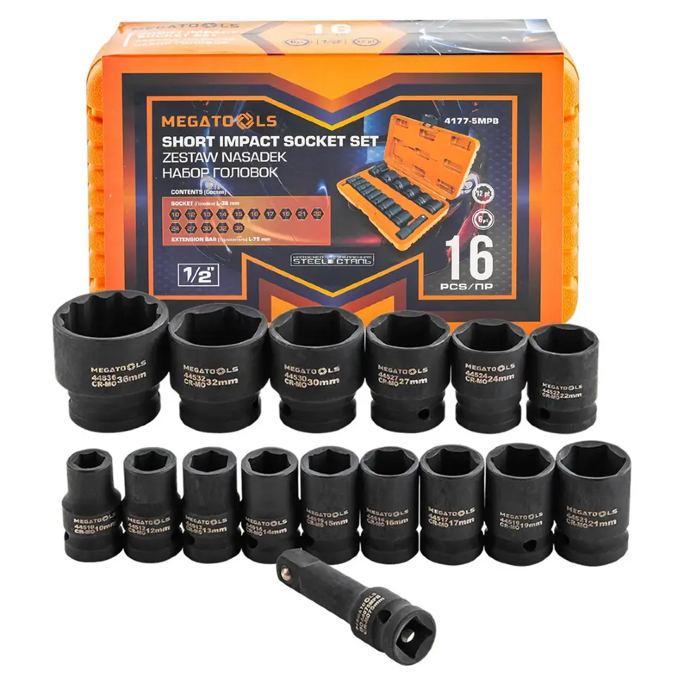 Головки глубокие ударные с удлинителем 75мм, набор 16пр., 1/2" (10, 12-17, 19, 21, 22, 24, 27, 30, 32мм (6гр.), 36мм (12гр.) MEGATOOLS MT-4177-5MPB