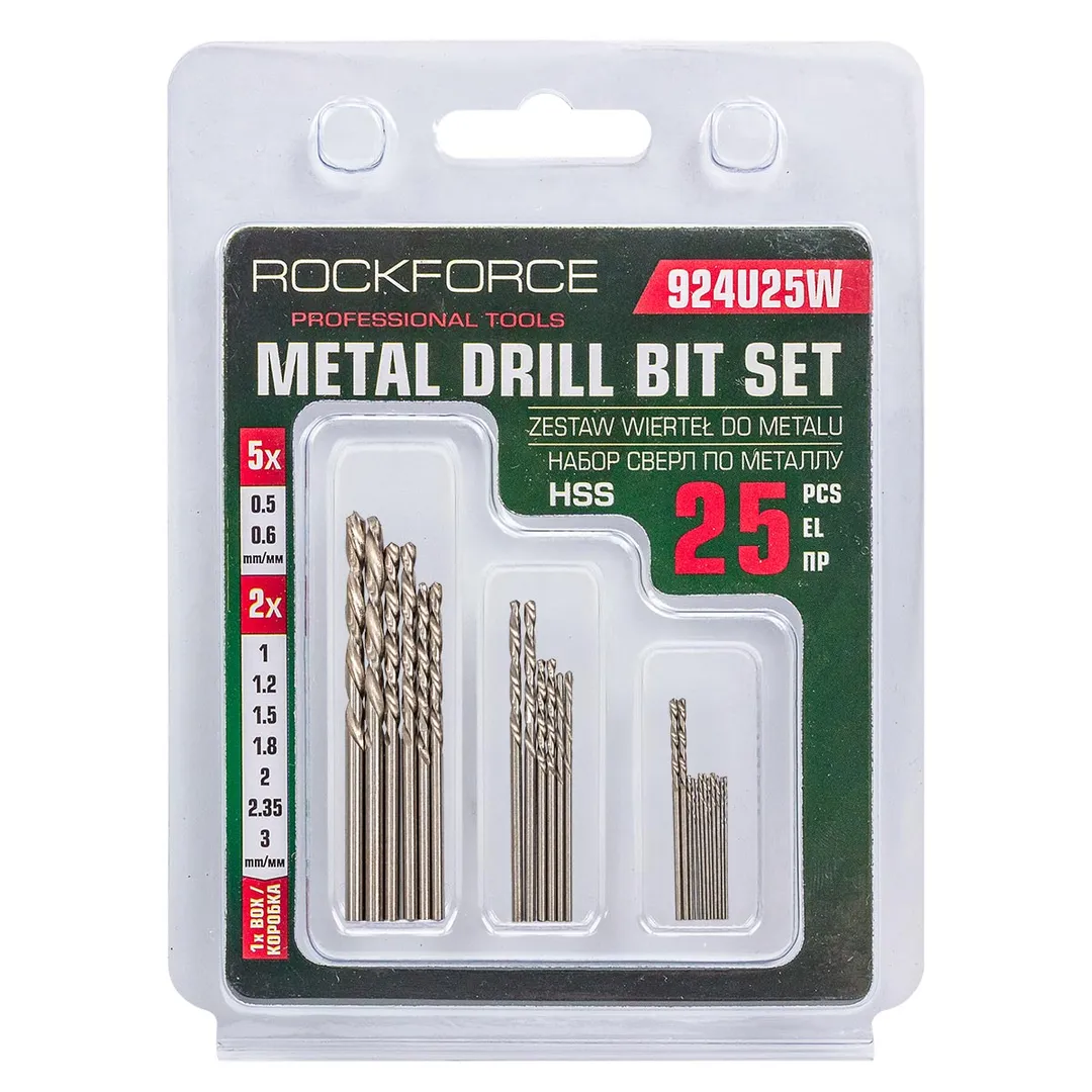 Сверла по металлу, набор 25пр. 0.5-3мм RockFORCE RF-924U25W