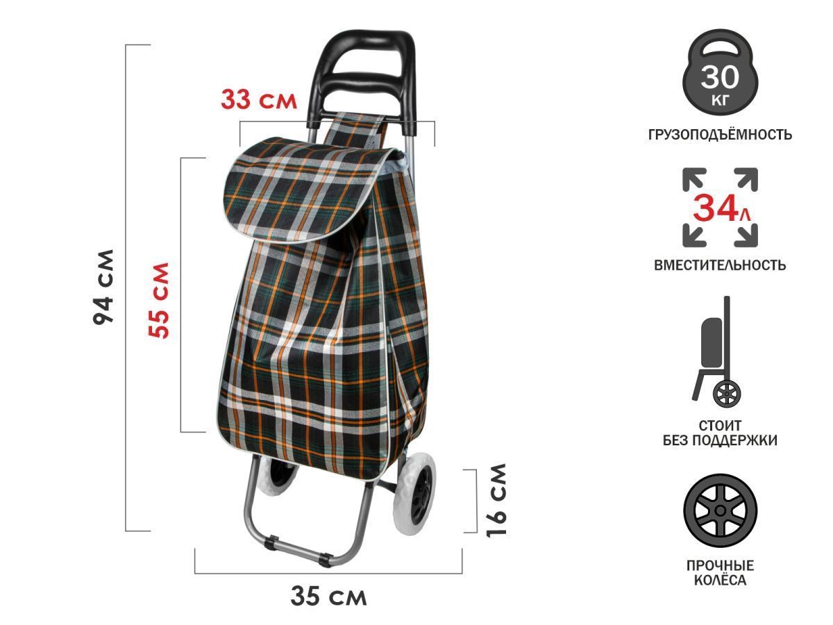 Сумка-тележка хозяйственная на колесах 30 кг, зеленая, клетка PERFECTO LINEA 42-307027
