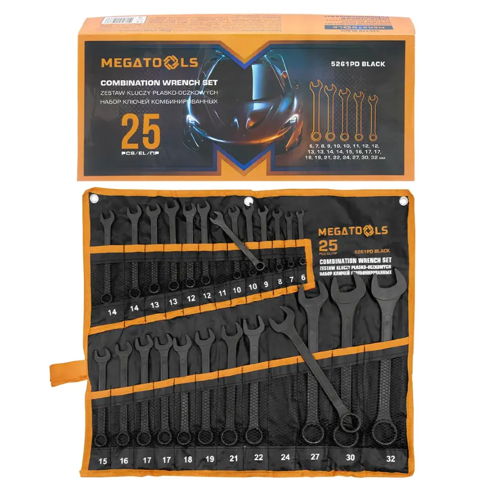 Ключи комбинированные, набор 25пр. (6-19, 21, 22, 24, 27, 30, 32мм) MEGATOOLS MT-5261PD BLACK