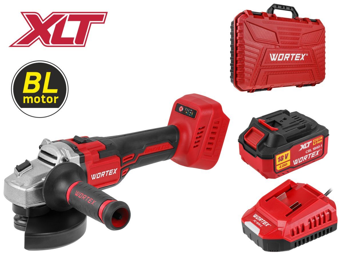 Аккум. углошлифмашина WORTEX CAG 1812 S в чем. ALL1 XLT SET БЕСЩЕТ., 18 В, 125 мм, 9600 об/мин (бесщ. мотор, рег. об. 6000-9600 об/мин, 125х22,2 мм, 1x4 А*ч АКБ И ЗУ) WORTEX 2329179